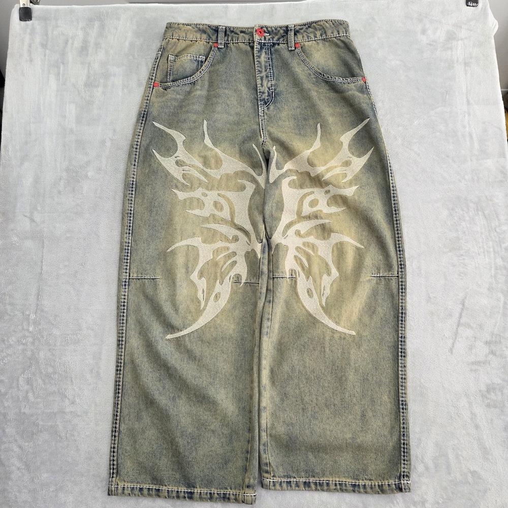 Vitriol Baggy Jeans Women 12 Wide Leg Butterfly Embroidered Gothic Y2K 90s Sk8